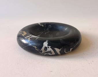 Vintage Black Marble Ashtray Bowl with White and Gold Veining