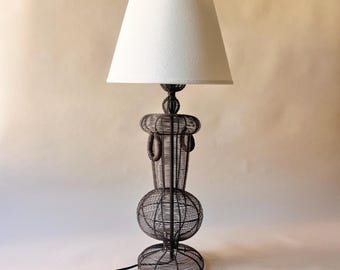Vintage French Wire Wicker Table Lamp with White Shade