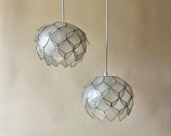 Pair of Vintage Lotus Capiz Shell Pendant Lights, Globe Hanging Lamps