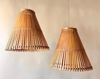 Pair of Vintage French 60s Handmade Bamboo Pendant Lampshades