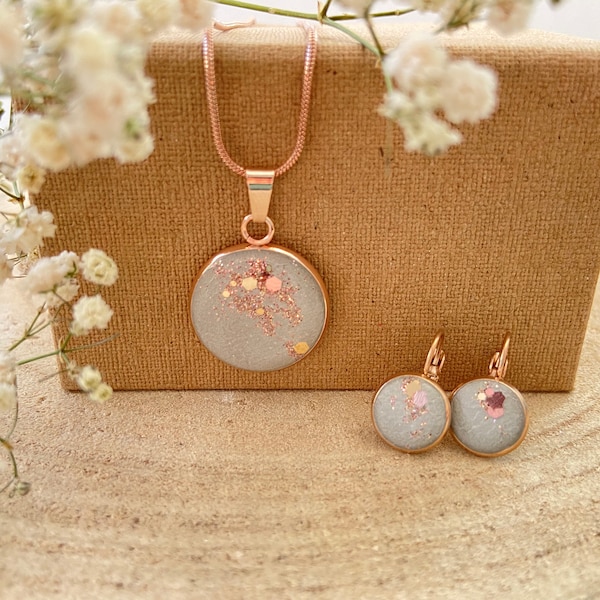 Rosegoldenes Beton Schmuck Set aus Edelstahl, Halskette Kettenanhänger und Ohrringe, hypoallergener  Edelstahlschmuck TESS