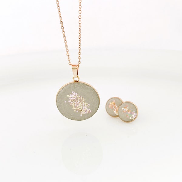 Geschenkset AMALIA Edelstahl 18Karat Rosègold Schmuckset aus Beton, Ohrstecker und Kette, Ankerkette, Geschenkset, Geschenkbox