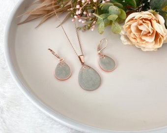 Roségoldenes Schmuck Set mit Betonkern, Halskette und Ohrringe, Edelstahl rosevergoldet, Handgemachter Betonschmuck, Concrete, Teardrop