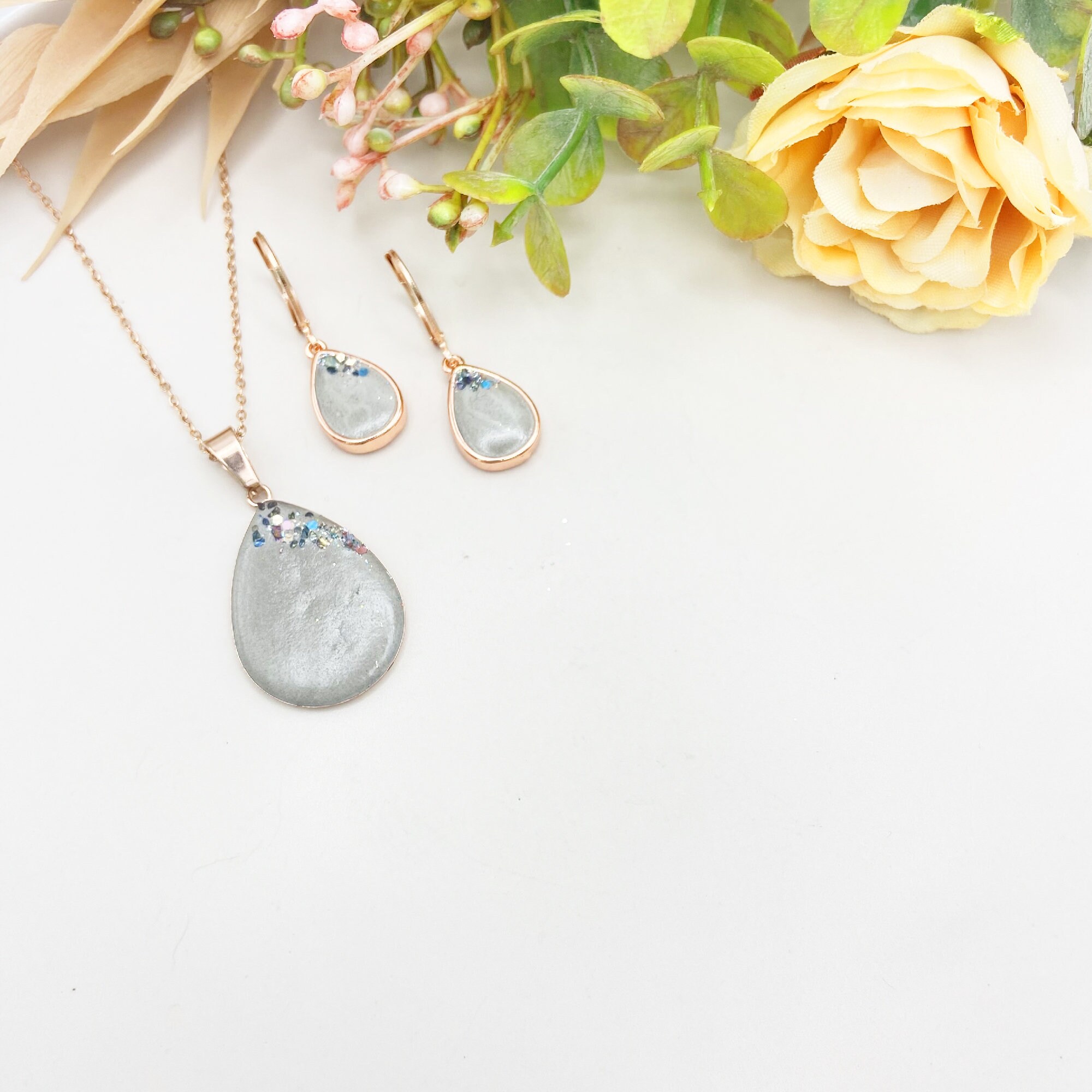 Betonschmuck Set aus Edelstahl Rosègold, Schmuckset, Ohrhänger und Halskette, Teardrop, Geschenk für  Weihnachten, Muttertag, Trauzeugin