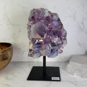 Angel Aura Amethyst Cluster with Calcite on Stand from Brazil! Over 1 Pound!