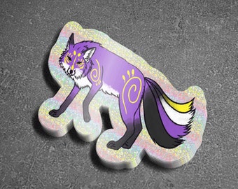 May include: A purple and yellow fox sticker with a glitter finish. The fox has a curled tail with yellow, purple, black, and white stripes.