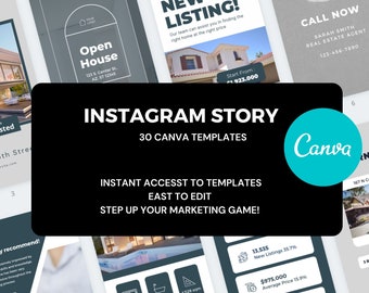以下が含まれることがあります： 不動産業者向けのInstagramストーリーテンプレート30個のコラージュ。テンプレートは、黒とグレーのカラーパレットでモダンなスタイルでデザインされています。「INSTAGRAM STORY」というテキストは、黒の背景に白で表示されます。「30 CANVA TEMPLATES」というテキストは、黒の背景に白で表示されます。「INSTANT ACCESST TO TEMPLATES」というテキストは、黒の背景に白で表示されます。「EAST TO EDIT」というテキストは、黒の背景に白で表示されます。「STEP UP YOUR MARKETING GAME!」というテキストは、黒の背景に白で表示されます。「Canva」というテキストは、ターコイズの背景に白で表示されます。「Just Listed」というテキストは、黒の背景に白で表示されます。「Open House」というテキストは、黒の背景に白で表示されます。「NEW LISTING!」というテキストは、黒の背景に白で表示されます。「CALL NOW」というテキストは、黒の背景に白で表示されます。「SARAH SMITH REAL ESTATE AGENT」というテキストは、黒の背景に白で表示されます。「123-456-7890」というテキストは、黒の背景に白で表示されます。「243 W 5th Street」というテキストは、黒の背景に白で表示されます。「123 S. Center St. AZ. ST 12345」というテキストは、黒の背景に白で表示されます。「Start From: 923,000円」というテキストは、黒の背景に白で表示されます。「Highly recommend!」というテキストは、黒の背景に白で表示されます。「13,535 New Listings 35.7%」というテキストは、黒の背景に白で表示されます。「975,000円 Average Price 15.9%」というテキストは、黒の背景に白で表示されます。「330,000円」というテキストは、黒の背景に白で表示されます。「167 N Center Street」というテキストは、黒の背景に白で表示されます。「1 Bedrooms」というテキストは、黒の背景に白で表示されます。「mysite」というテキストは、黒の背景に白で表示されます。