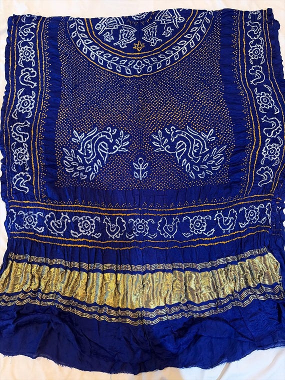 Handmade Rai Bandhej Gaji Silk Dupatta: Blue, Gold Trim, Bandhani Shawl