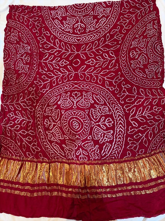 Hand-Dyed Rai Bandhej Red Gaji Silk Bandhani Dupatta with Lagadi Patta