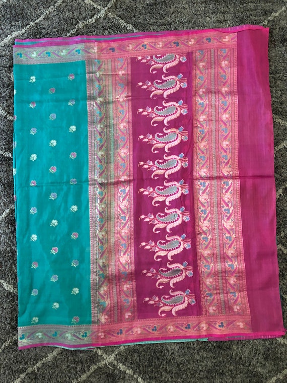 Rare Vintage Turquoise and Pink Banarasi Saree
