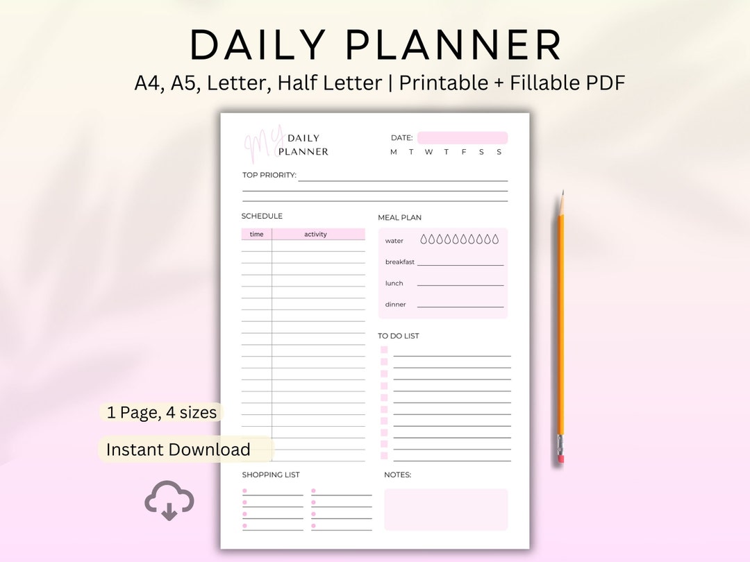 Pink Daily Planner Printable, Daily to Do List, Daily Schedule, Instant ...