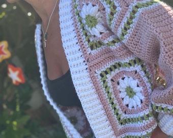Daisy Granny Square Crochet Cardigan Pattern, Boho Floral Sweater (PDF Download)