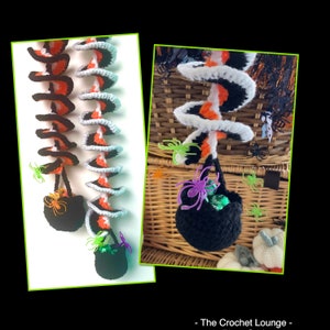 May include: Crocheted Halloween decoration featuring a spiral design in black, orange, and white. Each spiral has a small black cauldron filled with green candy and adorned with plastic spiders. The Crochet Lounge.
