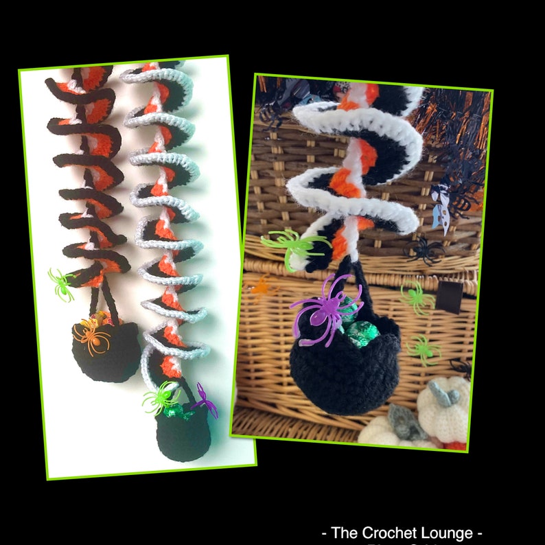 May include: Crocheted Halloween decoration featuring a spiral design in black, orange, and white. Each spiral has a small black cauldron filled with green candy and adorned with plastic spiders. The Crochet Lounge.