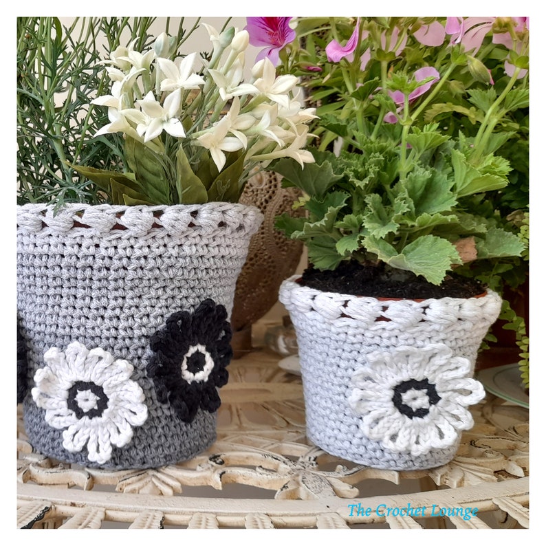 Crochet Pant Pot Covers with Daisy motifs 3 sizes included pdf download pattern with full step by step instructions complete with photos image 4