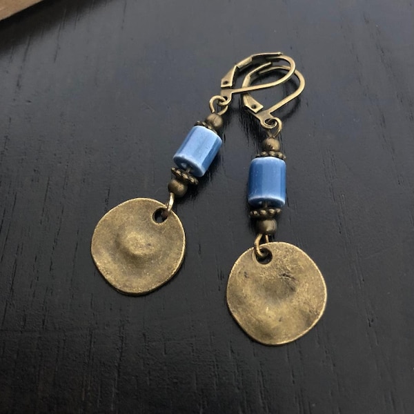 Boho Dangle Earrings, Blue Drop Earrings, Bronze Ethnic Earrings, Bohemian Jewellery, Ceramic Earrings, Boho Jewellery Uk, Small Earrings