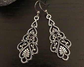 Antique Silver Dangle Earrings Uk, Boho Tibetan Style Drop Earrings, Ethnic, Statement Earrings, Large Earrings, Bohemian Antique Earrings