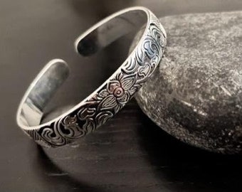 Boho Silver Bracelet, Silver Bangle, Ethnic Style Bracelets, Cuff Bangle Bracelet, Tribal Bracelet, Open Adjustable Size, Lotus Flower, Gift