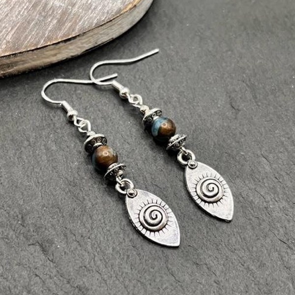 Boho Dangle Earrings, Bohemian Earrings, Ethnic Drop Earrings, Antique Silver Earrings, Blue Grey Earrings, Boho Jewellery UK, Beaded