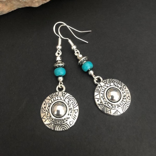 Boho Dangle Earrings, Tibetan Silver Drop Earrings, Ethnic Earrings, Aztec Earrings, Bohemian Earrings, Boho Jewellery, Turquoise Stone