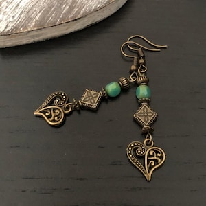 Boho Drop Earrings, Green Dangle Earrings, Bronze Ethnic Earrings, Bohemian Style, Boho Jewellery Uk, Antique Gold Earrings, Czech Glass