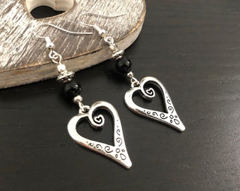 Boho Dangle Earrings, Heart Drop Earrings, Black Earrings, Boho Jewellery uk, Ethnic Style, Bohemian, Tibetan Silver, Silver Dangle Earrings