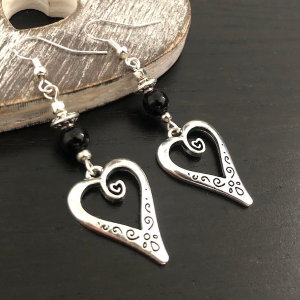 Boho Dangle Earrings, Heart Drop Earrings, Black Earrings, Boho Jewellery uk, Ethnic Style, Bohemian, Tibetan Silver, Silver Dangle Earrings