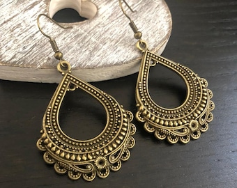 Bronze Boho Dangle Earrings: Antique Gold Filigree Teardrop