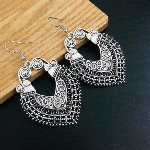 Boho Earrings, Large Statement Dangle Earrings, Antique Silver Drop Earrings, Ethnic Style Earrings, Gipsy, Silver Tibetan Earrings, uk