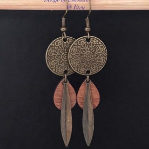 Boho Tropfen Ohrringe, Bronze baumeln Ohrringe, lange Statement Ohrringe, Holz Ohrringe, Ohrringe ethnischen Stil, Boho große Ohrringe, Boho UK