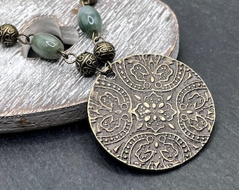 Boho long necklaces, women boho necklaces, statement necklaces, antique bronze pendant, green stones necklaces, ethnic necklaces, bohemian