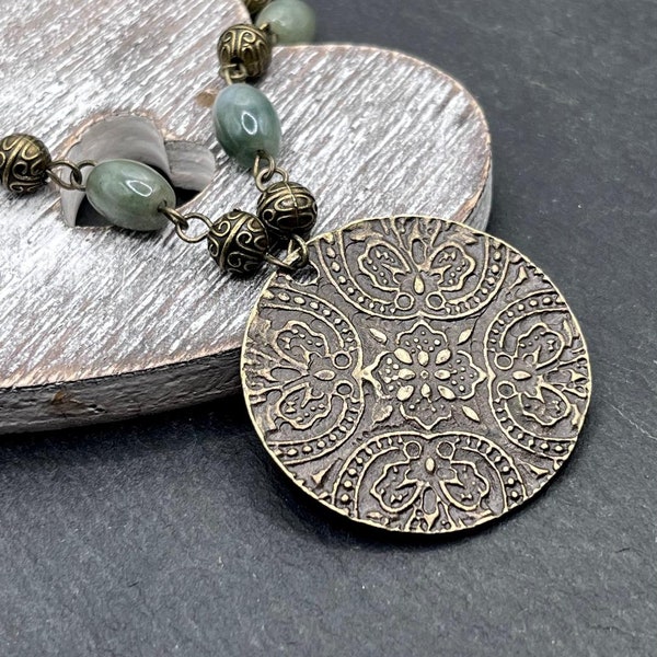 Boho long necklaces, women boho necklaces, statement necklaces, antique bronze pendant, green stones necklaces, ethnic necklaces, bohemian