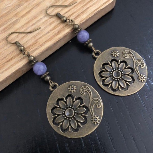 Boho Dangle Earrings, Lilac Drop Earrings, Bronze Earrings, Antique Gold, Boho Jewellery Uk, Ethnic Style, Statement Earrings, Flower Hallow