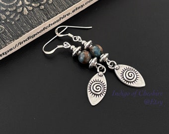 Boho Beaded Dangle Earrings, Silver Sunburst Charms
