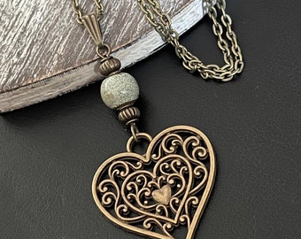 Antique Bronze Filigree Heart Necklace, Boho Ceramic Bead Pendant