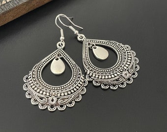 Boho Dangle Earrings, Ethnic Style Earrings, Bohemian Drop Earrings, Boho Jewellery Uk, Large Silver Earrings, Statement Earrings, Antique