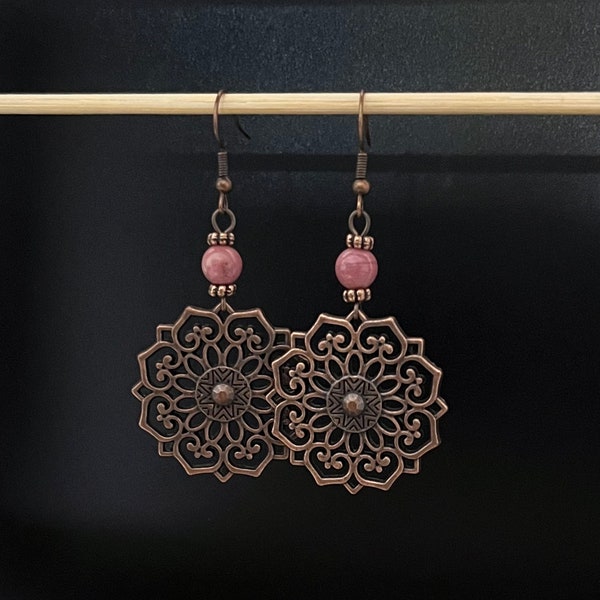 Boho Drop Earrings, Mandala Earrings, Copper Dangle Earrings, Ethnic Earrings,Dusty Pink Earrings, Flower Earrings, Bohemian Floral Earrings