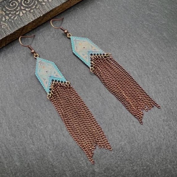 Boho Drop Earrings, Long Earrings, Bohemian Earrings, Statement Earrings, Copper Earrings, Large Earrings, Tassel Earrings, Boho Jewellery