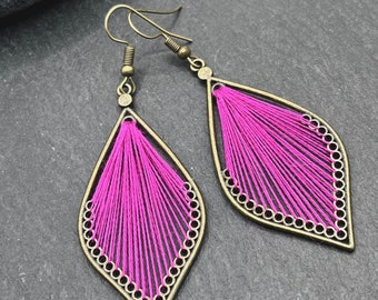 Boho Tassel Earrings: Bright Pink Teardrop, Antique Bronze