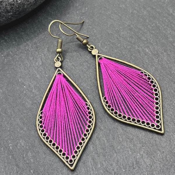 Boho pink earrings, tassel bright pink earrings, ethnic dangle earrings, antique bronze earrings, statement earrings, teardrop earrings