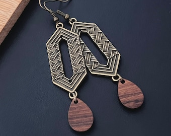 Boho Bronze Hexagon Earrings, Wood Teardrop, Ethnic Jewelry