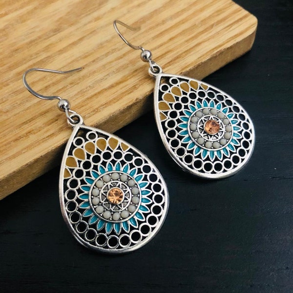 Boho Dangle Earrings,Statement Drop Earrings, Ethnic Earrings, Boho style Jewellery UK, Silver Earrings, Colourful, Embellish, Gift for Her