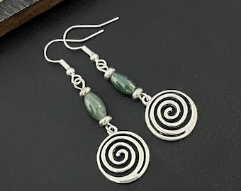 Boho Drop Earrings, Silver Dangle Earrings, Dark Green Earrings, Ethnic Earrings, Ladies Dangly Earrings, Boho Jewellery, Circle Hoops, Gift