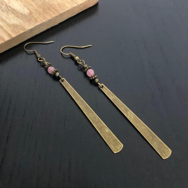 Boho Dangle Earrings, Bronze Drop Earrings, Ethnic Style Earrings, Pink Earrings, Long Earrings, Statement, Lightweight , Boho Jewellery Uk