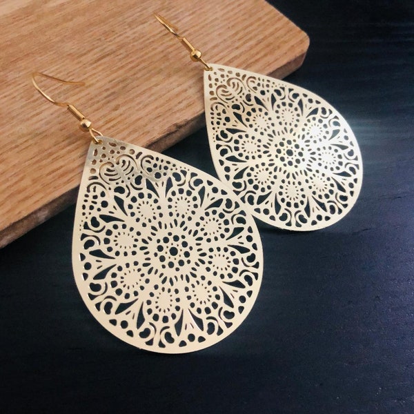 Filigree Gold Earrings, Boho Earrings, Long Drop Earrings, Lightweight Statement Earrings, Mandala Earrings, Boho Jewellery Uk, Moroccan