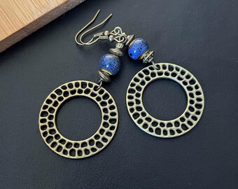 Boho Drop Earrings, Blue Dangly Earrings, Antique bronze Earrings, Ethnic Statement Earrings, Women's Gifts, Mandala Bohemian, Circle Hoops