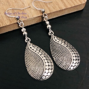 Antique Silver Teardrop Dangle Earrings, Tibetan Silver Boho Earrings Uk, Ethnic Drop Earrings, Statement Earrings, Boho Jewellery, Gifts