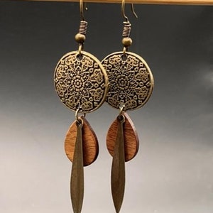 Boho Drop Earrings, Bronze Dangle Earrings, Statement Long Earrings, Wood Earrings, Ethnic Style Earrings, Bohemian Large Earrings, Boho Uk