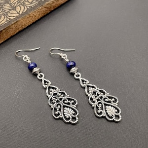 Boho Earrings, Tibetan  Silver Drop Earrings, Blue Dangle Earrings, Ethnic Earrings, Bohemian Earrings, Long Earrings, Statement Earrings