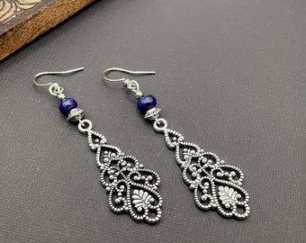 Boho Earrings, Tibetan  Silver Drop Earrings, Blue Dangle Earrings, Ethnic Earrings, Bohemian Earrings, Long Earrings, Statement Earrings